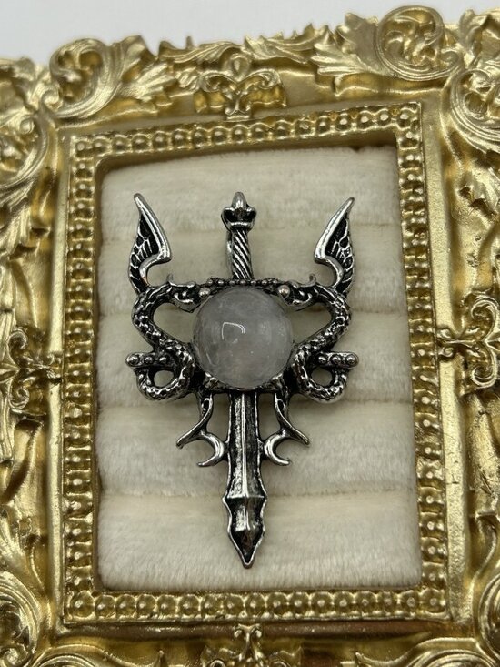 Fantasy Jewelry - Gothic Dragon Sword Pendant Clear Cabochon Fantasy Medieval Silvertone